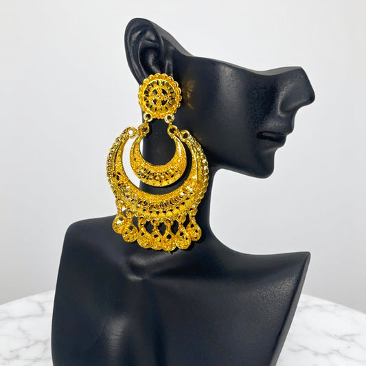 Sunrise Glow Earrings – Indian Middle Eastern inspired artificial gold-plated earrings with intricate detailing and drop accents.