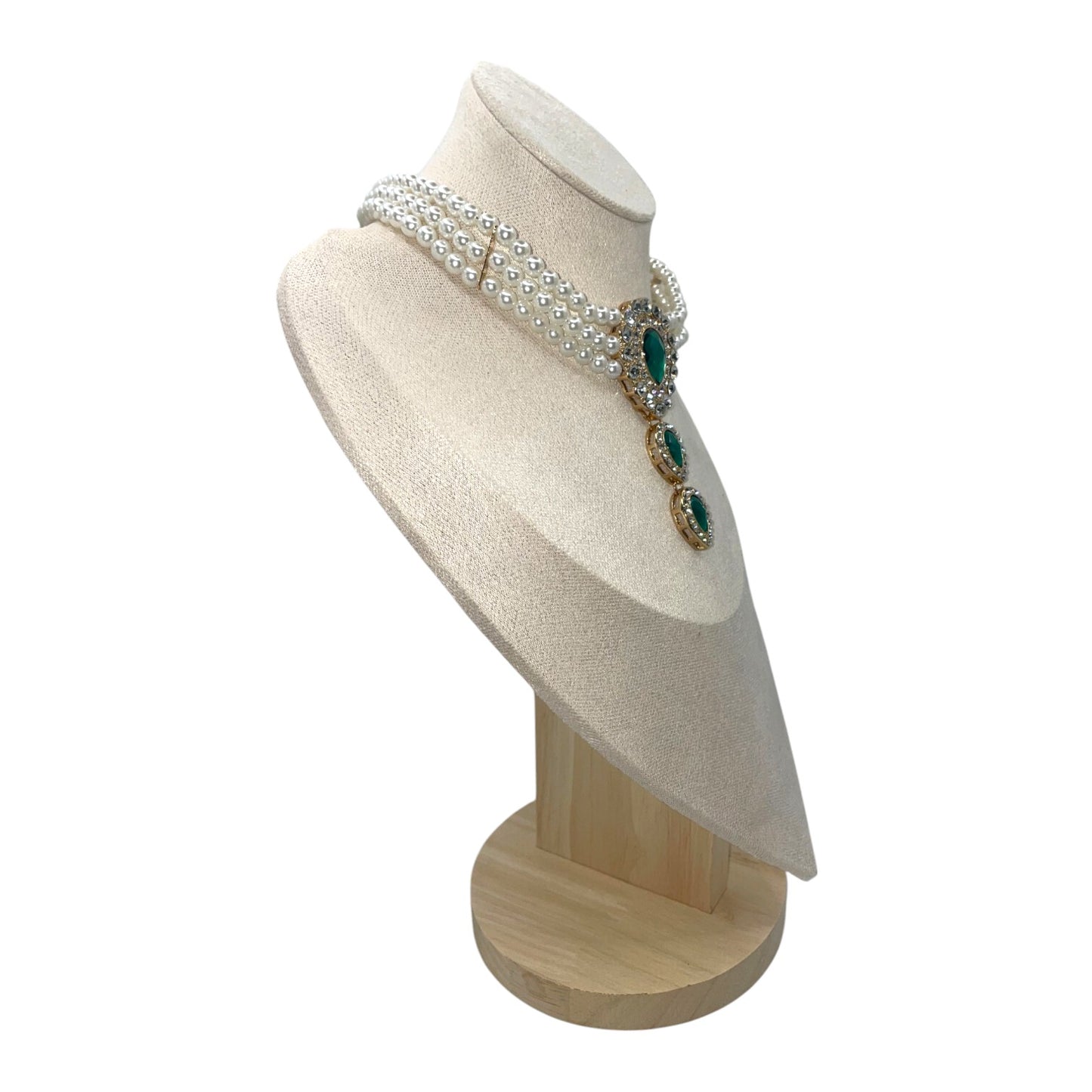 Elegant Emerald Pearl Jewelry Set worn on hand and neck, showcasing the beauty of emerald stones and pearls.