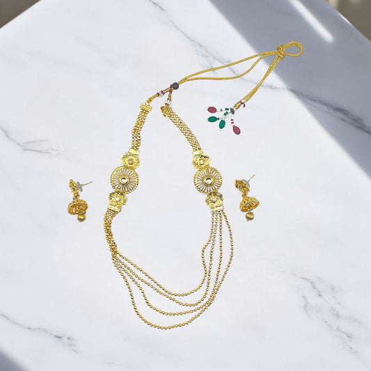 Gold Layered Bead Necklace with Floral Design Jewellery Set