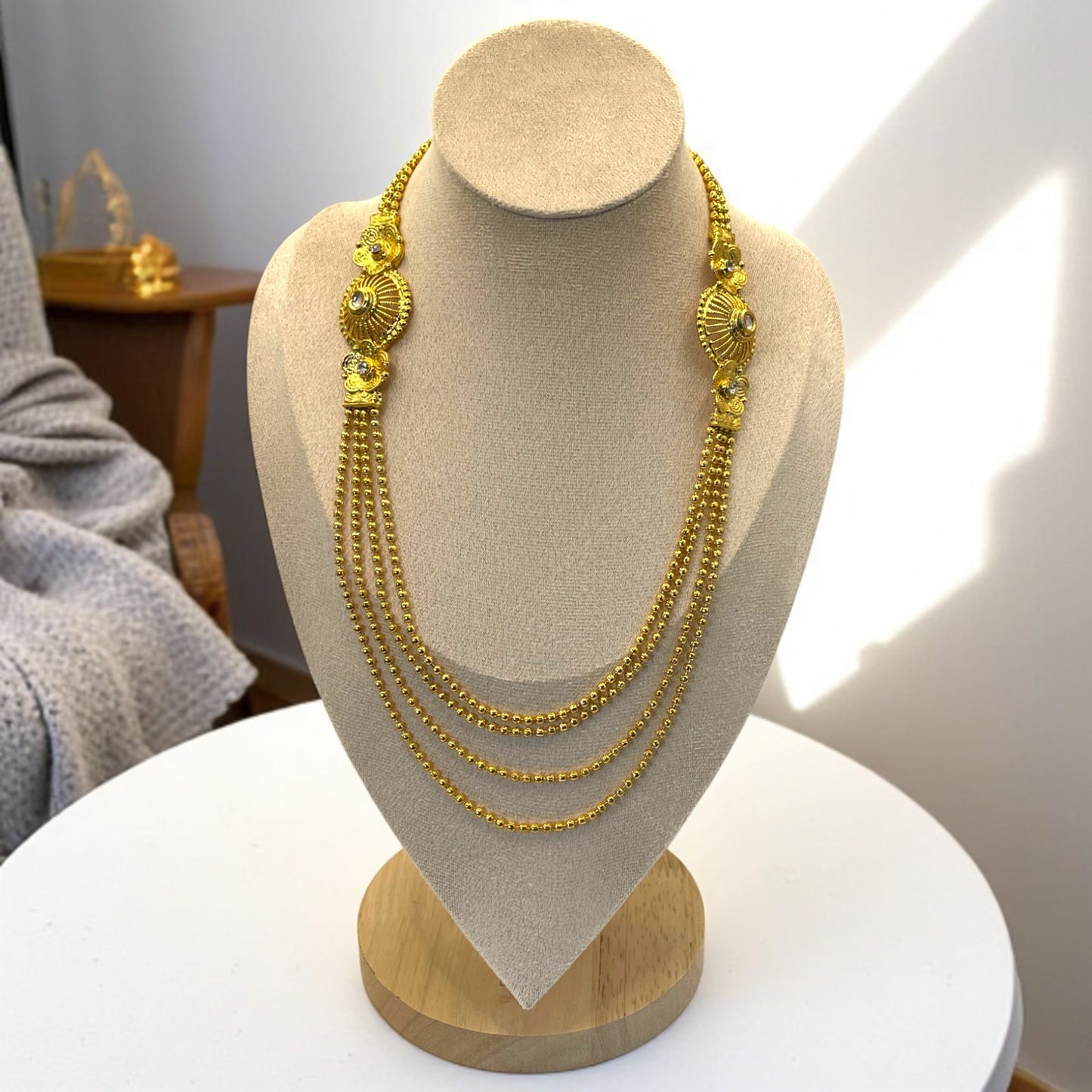 Gold Layered Bead Necklace with Floral Design Jewellery Set