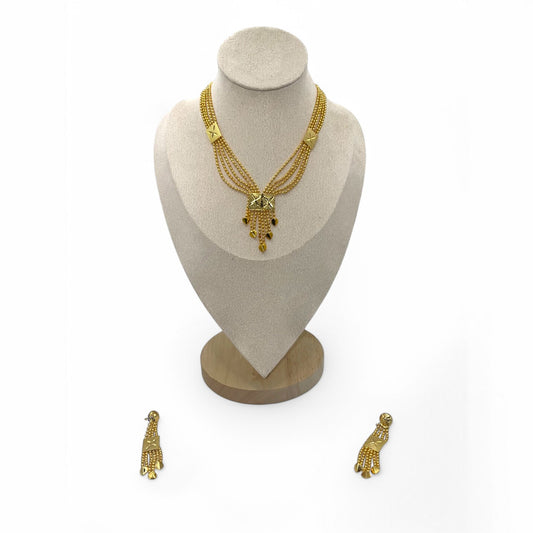 Ratna Tara Jewellery Set – Artificial gold-tone necklace and earrings, perfect for weddings and formal events. Indian middle east style