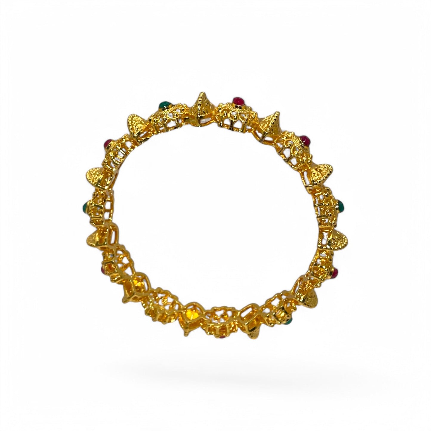 Regal Blossoms Gold Forming Bangle – Artificial gold-plated bangle with vibrant synthetic gemstones, perfect for weddings and special occasions.