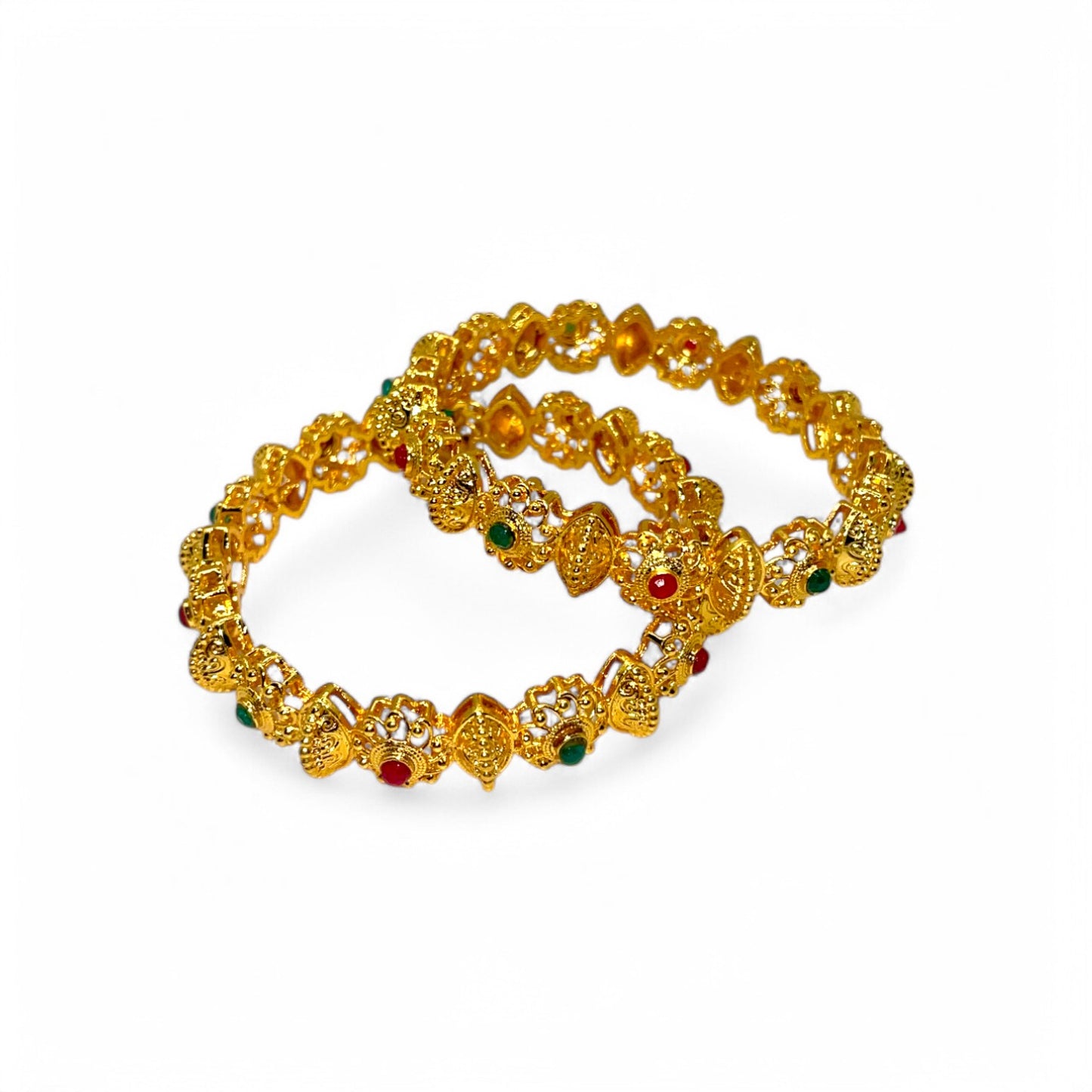 Regal Blossoms Gold Forming Bangle – Artificial gold-plated bangle with vibrant synthetic gemstones, perfect for weddings and special occasions.