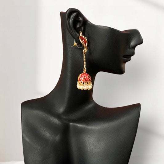 Rudra Phool Earrings – Artificial gold-tone earrings with red enamel and pearl detailing, perfect for weddings and formal events.