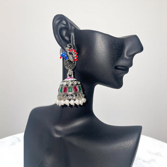 Sliver Peacock Dangle Drop Earrings – Artificial earrings with multicolour synthetic stones and pearls, featuring a peacock design.