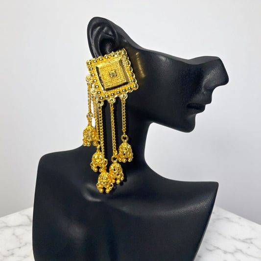 Tara Rasa Golden Dangle Drop Earrings – Intricate Indian-Inspired Artificial Gold-Plated Earrings with Tassel Detailing
