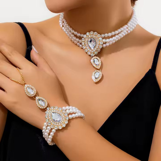 Royal Pearl Jewellery Set – Elegant Necklace & Hand Chain Bracelet for Special Occasions