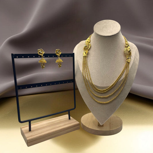 Gold Layered Bead Necklace with Floral Design Jewellery Set
