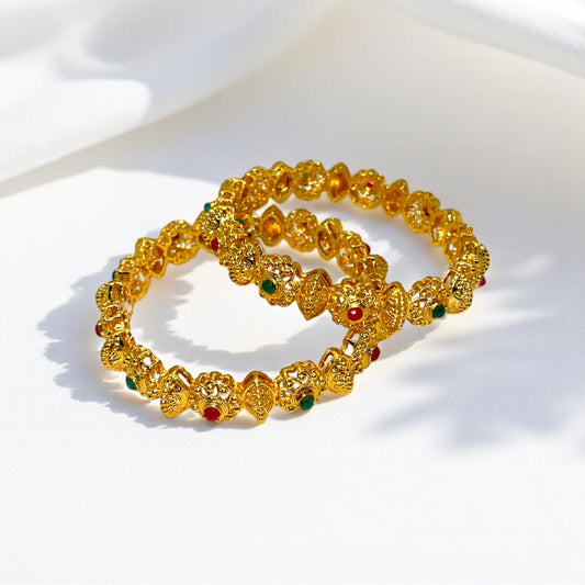 Regal Blossoms Gold Forming Bangle – Artificial gold-plated bangle with vibrant synthetic gemstones, perfect for weddings and special occasions.