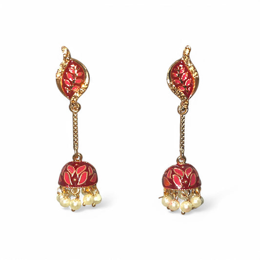 Rudra Phool Earrings – Artificial gold-tone earrings with red enamel and pearl detailing, perfect for weddings and formal events.