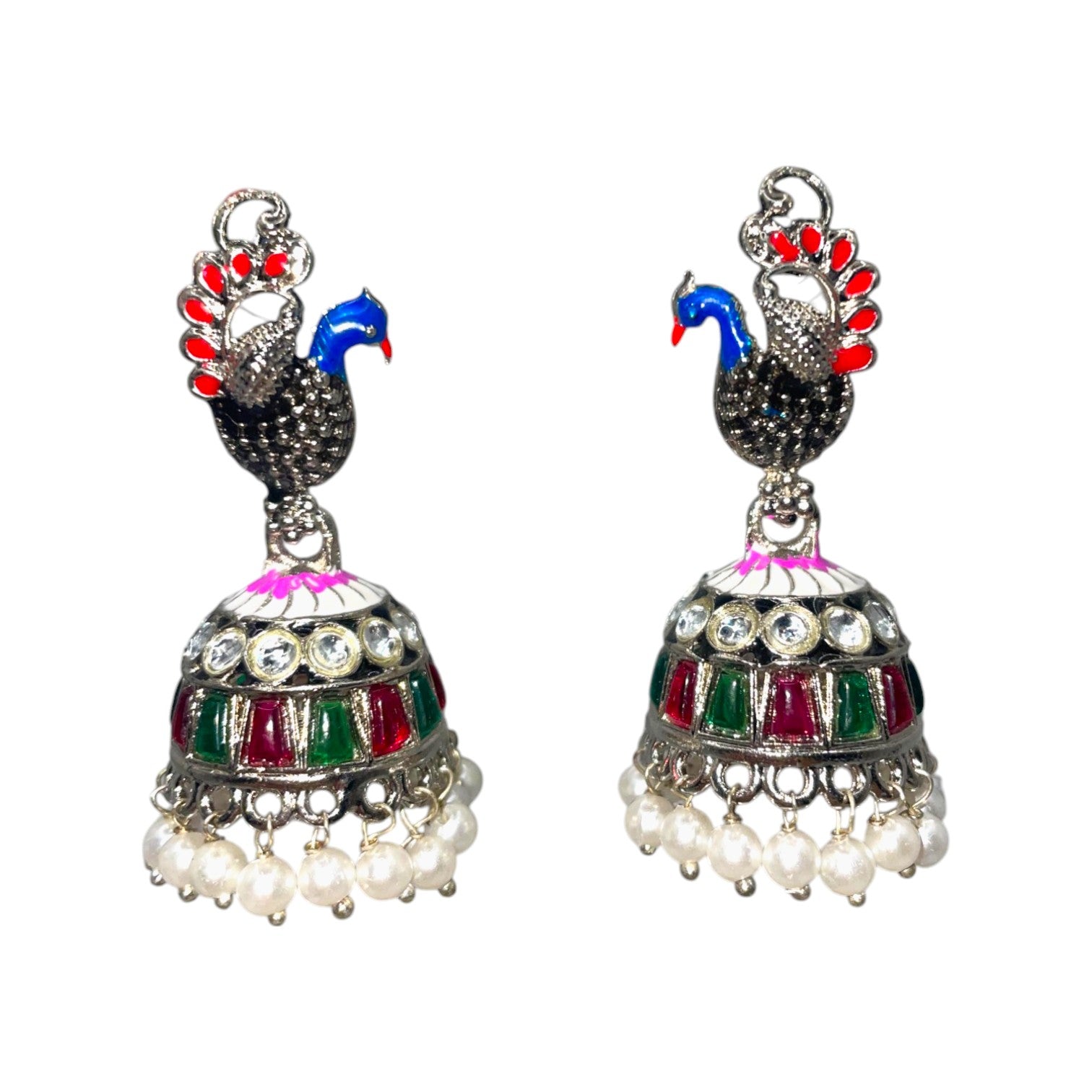 Sliver Peacock Dangle Drop Earrings – Artificial earrings with multicolour synthetic stones and pearls, featuring a peacock design.