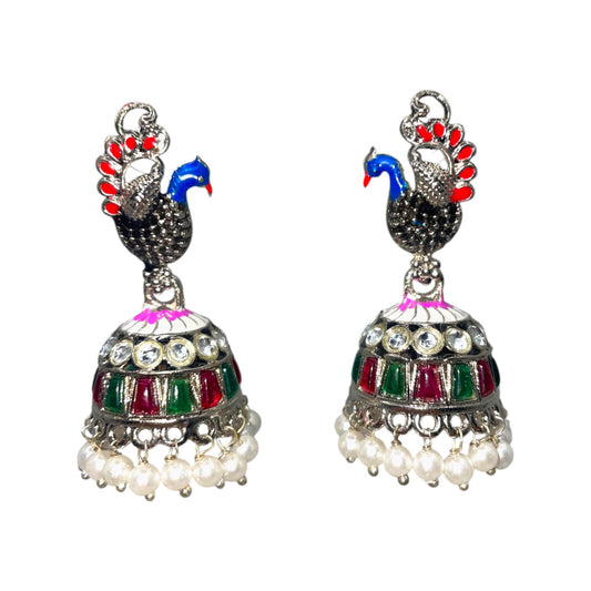 Sliver Peacock Dangle Drop Earrings – Artificial earrings with multicolour synthetic stones and pearls, featuring a peacock design.