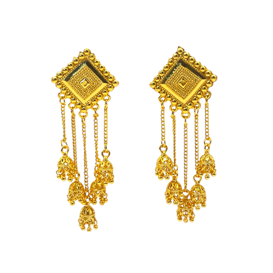 Tara Rasa Golden Dangle Drop Earrings – Intricate Indian-Inspired Artificial Gold-Plated Earrings with Tassel Detailing